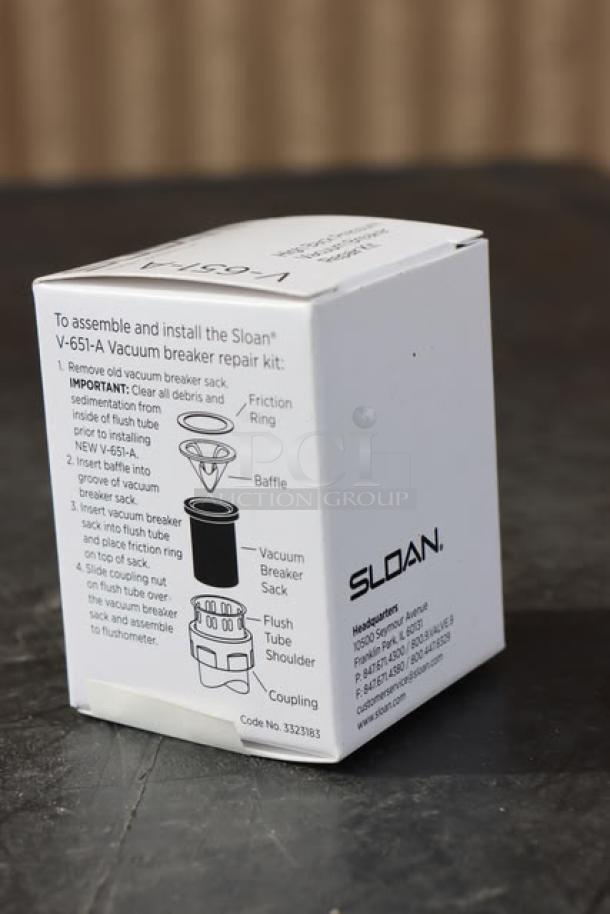 Brand new Sloan V-651-A Vacuum Breaker Repair Kit box. Unopened, clear instructions and illustrations visible on packaging.
