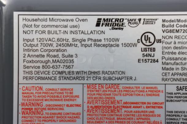 Danby 3.1MF7-7B1 MicroFridge label detailing specs: 120VAC, 60Hz, 700W microwave output, UL listed.