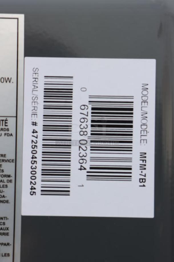 Barcode and model label on Danby 3.1MF7-7B1 MicroFridge, serial #4725045300245.