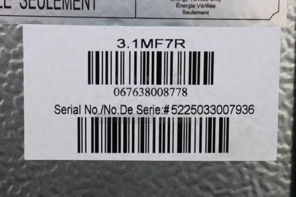 Barcodes and label on Danby 3.1MF7-7B1 MicroFridge; shows model and serial numbers for identification.