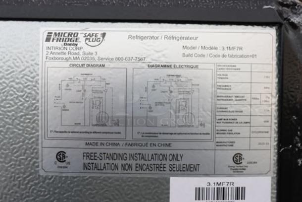 Danby Model 3.1MF7-7B1 label on a micro fridge, showing circuit diagram, installation instructions, and certification marks.
