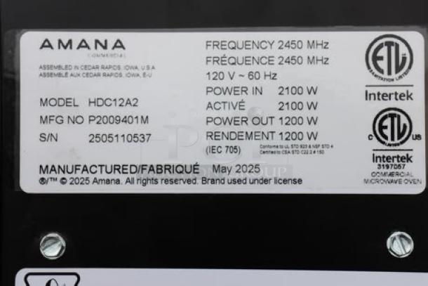 BRAND NEW! Amana HDC12A2 Heavy Duty Stainless Steel Commercial Microwave, 120V, 1200W, minor dent top right, door slightly off.