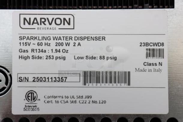 Narvon 23BCWD8 water dispenser label, detailing model number, serial number, 115V specs, and gas type. Made in Italy.