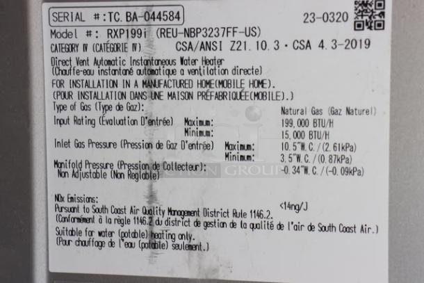 "Rinnai SENSEI RXP199iN tankless water heater label showing serial number TC. BA-044584, 199,000 BTU, and gas specifications."
