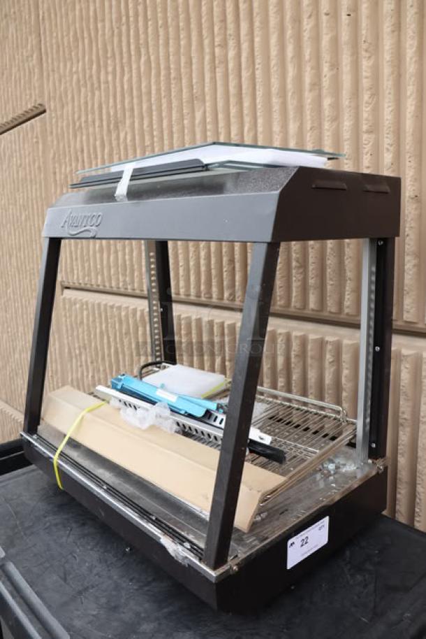 Avantco HDC-26 heated display case, 26", 3 shelves, bent frame, scratch-n-dent, sliding doors, model CK-250210R-687.