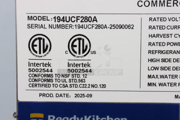 Avantco Ice UC-F-280-A undercounter ice machine, 299 lb. capacity, 115V, minor scuffs, dented, ETL listed, serial 194UCF280A-25090062.