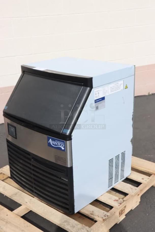 Avantco Ice UC-F-280-A 26" undercounter ice machine on pallet; minor scuffs and dents visible. Model label intact.