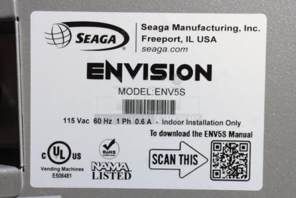 Seaga ENV5S vending machine label, model details, and QR code for manual download.