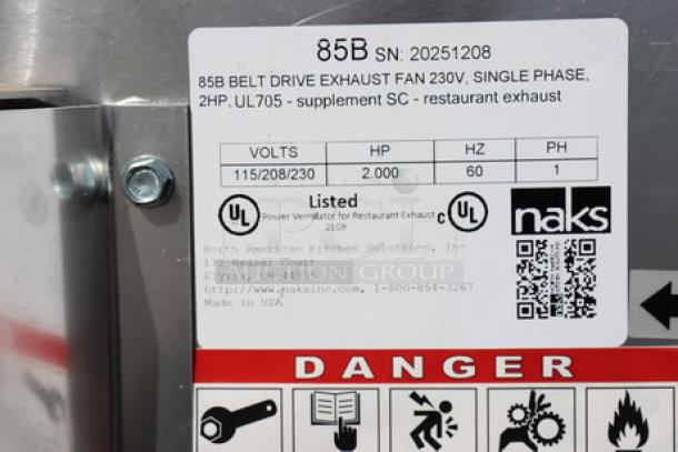 BRAND NEW SCRATCH-N-DENT! NAKS 85B-6400-FF centrifugal upblast exhaust fan, 6400 CFM, 924 RPM, 115V, with dented exterior.