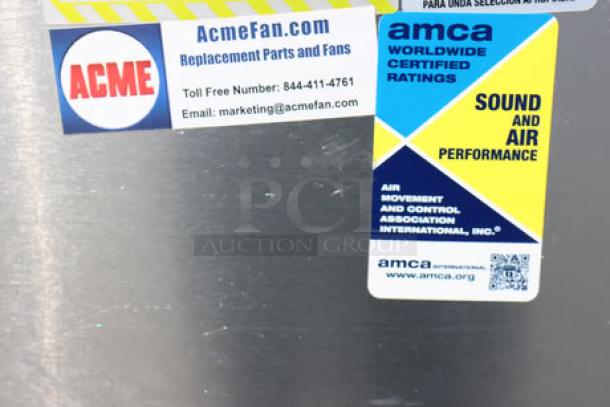 NAKS 85B-6400-FF Belt Drive Centrifugal Exhaust Fan, 6400 CFM, 924 RPM, 115V. Dented exterior, working order. Labels shown.