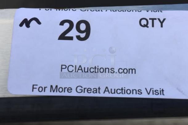 Stainless steel ice bin with sliding lid, Regency 600DIIB1836, 18"x36", 80 lb capacity, tag shows auction info.