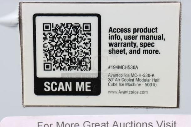 QR code label on Avantco Ice MC-H-530-A ice machine, offering access to product info and specifications. Serial #194MCH530A-24090005.