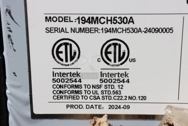 Avantco Ice Machine label showing model MC-H-530-A, serial number 194MCH530A-24090005, ETL certifications, and production date 2024-09.