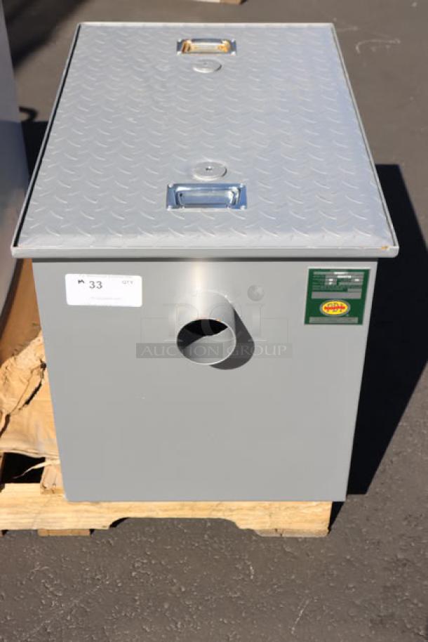 Brand new Regency GT35 grease trap, 70 lb., 35 GPM, with 3" non-threaded connections, PDI certified, scratch-n-dent.