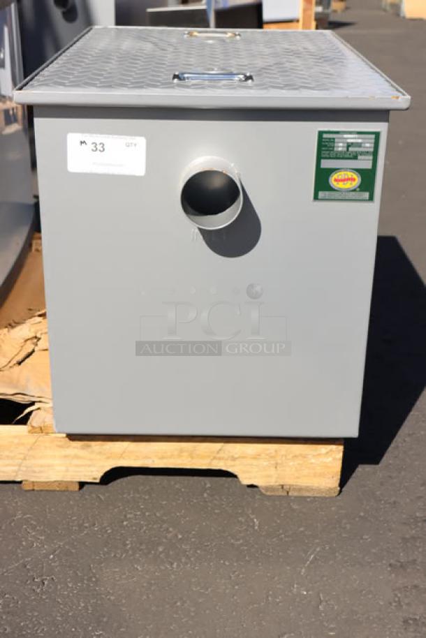 Regency GT35 grease trap, 70 lb., 35 GPM, non-threaded 3" connections, PDI certified, new scratch-n-dent condition.