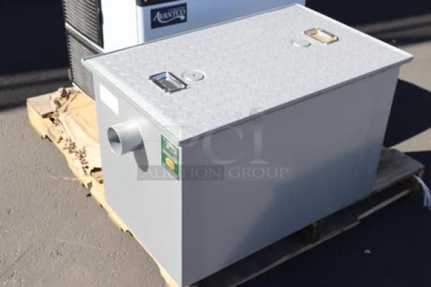 Brand new Regency GT35 grease trap with 70 lb. capacity, 35 GPM, 3" non-threaded connections, PDI certified. Slight scratches.