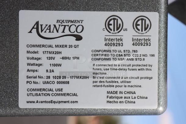 Avantco MX20H 20 Qt. planetary stand mixer label showing model, voltage 120V, wattage 1100W, and serial number.