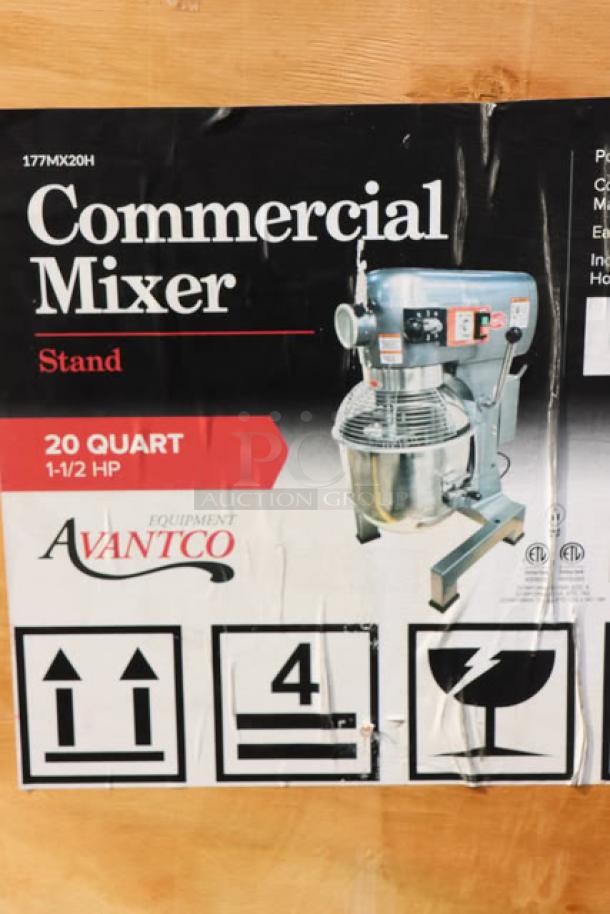 Avantco MX20H 20 Qt. Planetary Stand Mixer in crate, 1 1/2 hp, includes guard and accessories, serial number 28105225-177MX20H.
