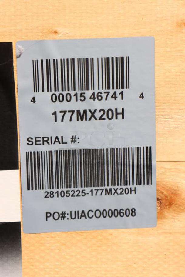Barcode label on a wooden crate showing model 177MX20H and serial number 28105225-177MX20H for Avantco MX20H mixer.