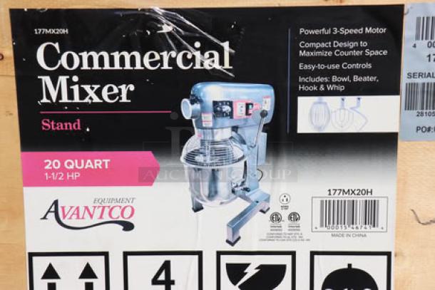 Avantco MX20H 20 Qt. Planetary Stand Mixer, 1 1/2 hp, new in crate, includes guard, bowl, beater, hook, whip, 120V.