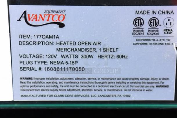 Alt text: Avantco OAM1A countertop merchandiser tag showing specifications: 120V, 300W, 1 shelf, S/N: 1608611170050.