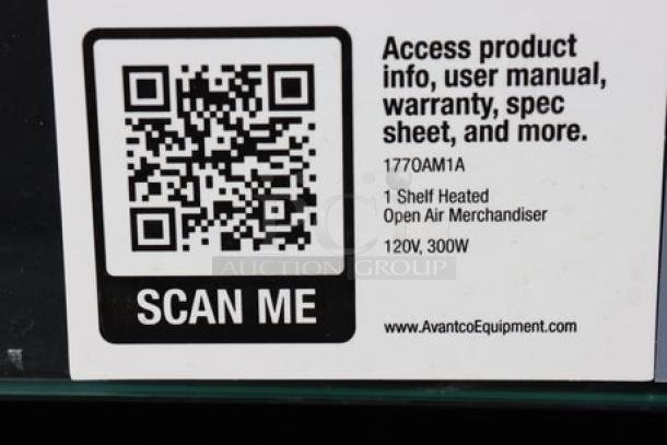 QR code label on Avantco OAM1A merchandiser displays specs: 1 shelf, heated, 120V, 300W, directs to product resources.