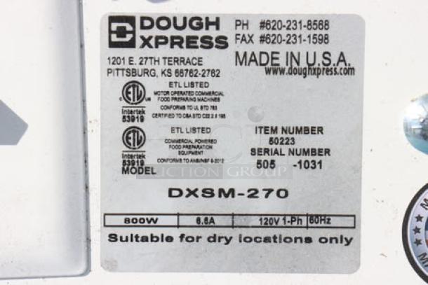 DoughXpress DXSM-270 slicer label detailing model number, serial number, voltage, and safety certifications.