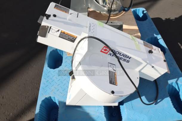 DoughXpress DXSM-270 bun slicer, adjustable thickness 1/2" to 1 1/2", 120V, 1/2 hp, out of packaging, white with labels.