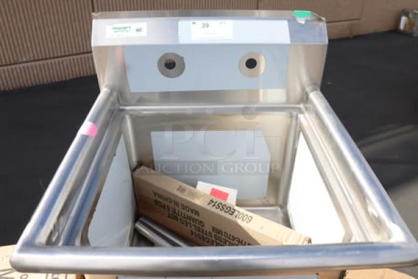 BRAND NEW Regency S1C1818 16-gauge stainless steel commercial sink, 18"x18"x14" bowl, small dent in upper right corner.