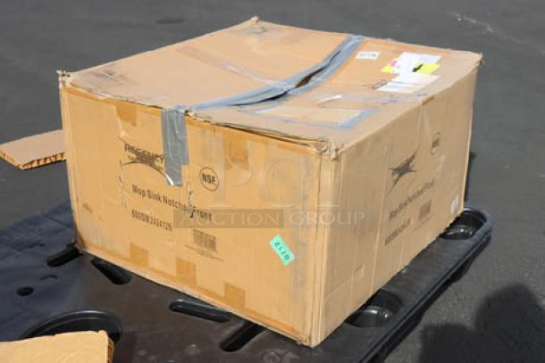 Box of Regency 600SM242412N Stainless Steel Mop Sink, 16-Gauge, 24"x24"x12" Bowl, Notched Front, New Scratch-N-Dent Condition.