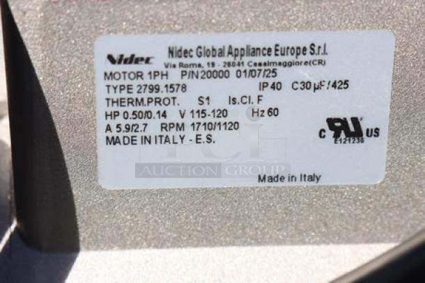 Blodgett 32291 motor, 1/3hp, 115v, 2-speed, new, out of packaging. Label shows Nidec model details and specs. Made in Italy.