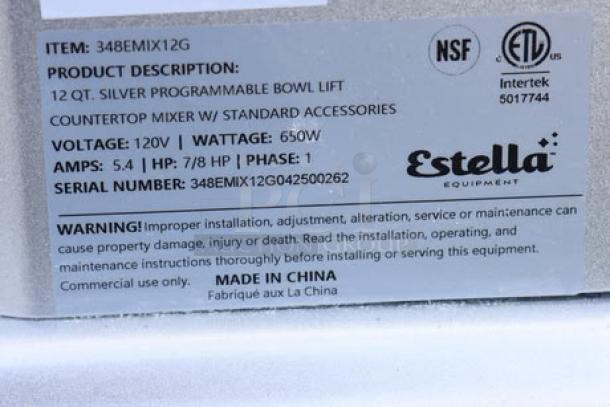Estella EMIX12G silver 12 Qt. programmable countertop mixer with guard. Model and serial number label shown.