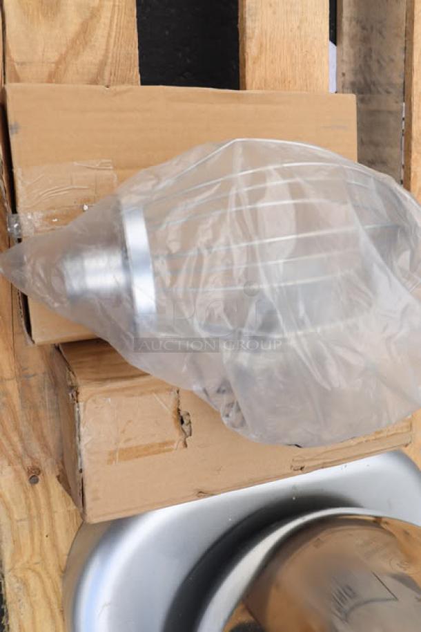 Estella EMIX12G 12 Qt. silver mixer bowl with guard in packaging, showing attachments; 120V, 650W, 7/8 HP.