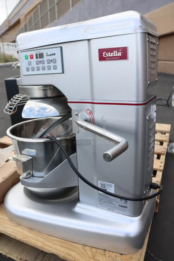 Estella EMIX12G 12 Qt. Silver Mixer, programmable with bowl lift, guard, standard accessories. Model: EMIX12G, 650W, 120V.