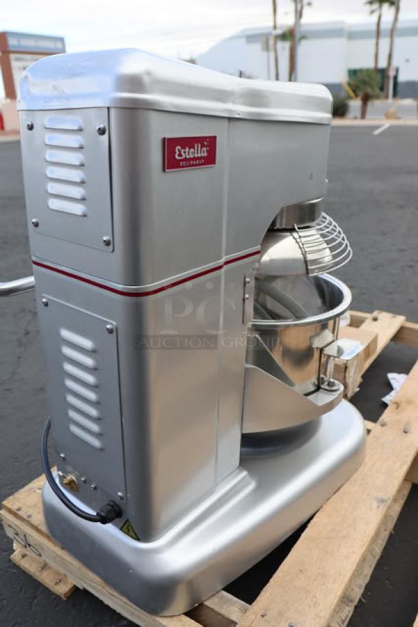 Estella EMIX12G Silver 12 Qt. Countertop Mixer with bowl lift, guard, and accessories. Includes brand logo and model details.