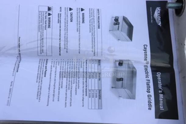 Alt text: Vollrath 40716 Cayenne 24" thermostatic electric griddle, 220V, 13.6 Amps, 1 Phase, 3KW; operator's manual shown.