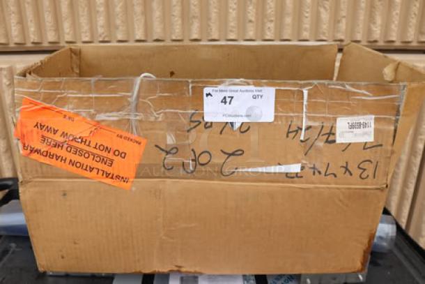 Cardboard box labeled "47 QTY," containing Curtron PP-C-080-3096 Polar-Pro Swinging Doors, 30"x96", out of packaging, may be incomplete.