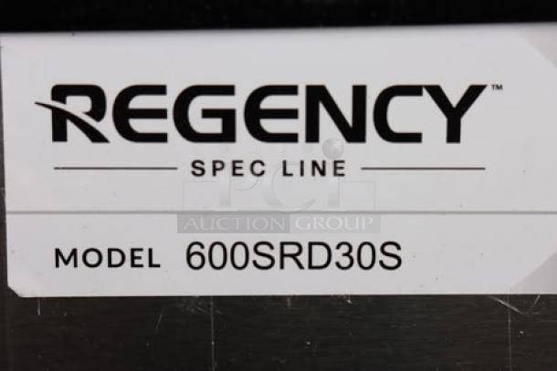 Regency Spec Line 600SRD30S label, showing the model number on a stainless steel surface.