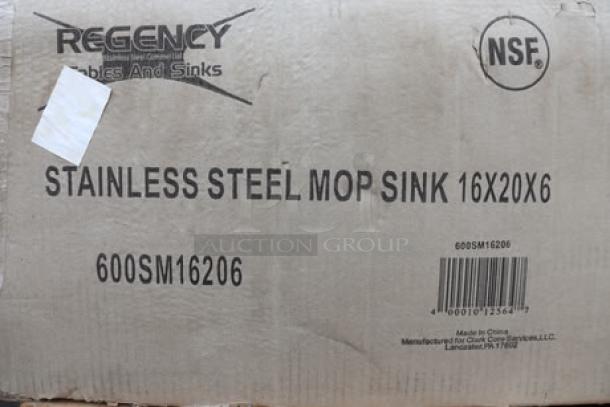 Regency 600SM16206 stainless steel mop sink box, model 16x20x6, minor packaging damage, NSF certified.