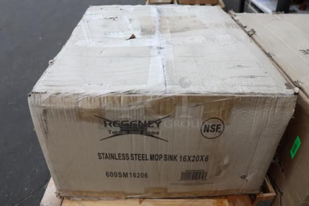 Regency stainless steel mop sink, model 600SM16206, 25" with minor scuffing, original damaged packaging.