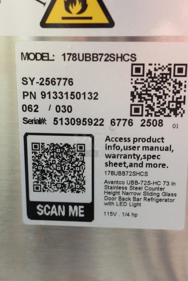 "Avantco UBB-72S-HC stainless steel bar refrigerator label with model, serial number, and QR codes for product info."