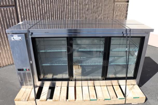 Avantco UBB-72S-HC stainless steel back bar refrigerator, 73", sliding glass doors, LED lighting, 6 shelves, new condition.