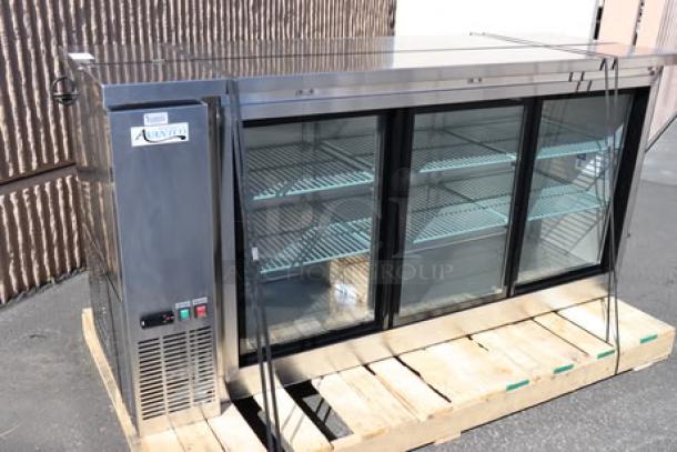 Avantco UBB-72S-HC 73" stainless steel back bar refrigerator, sliding glass doors, LED lighting, 6 shelves, unboxed.