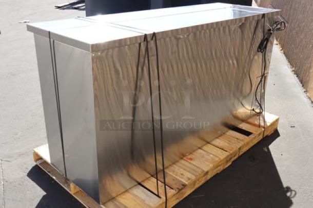 Avantco UBB-72S-HC stainless steel back bar refrigerator on pallet; features sliding glass doors, LED lighting, minor blemishes.