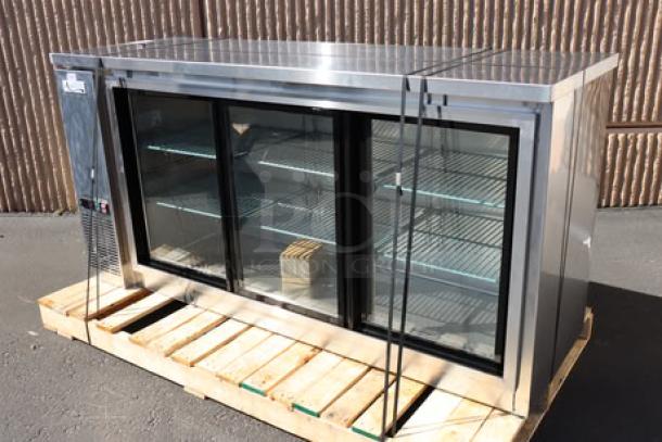 Avantco UBB-72S-HC 73" stainless steel back bar refrigerator with sliding glass doors, LED lighting, and 6 adjustable shelves. New condition.