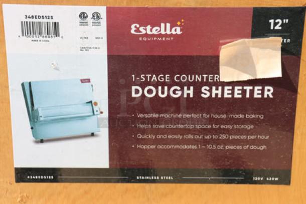 BRAND NEW Estella EDS12S 12" countertop dough sheeter, 1-stage, 120V, 1/2 HP, stainless steel, serial DR-2S-901449-002.
