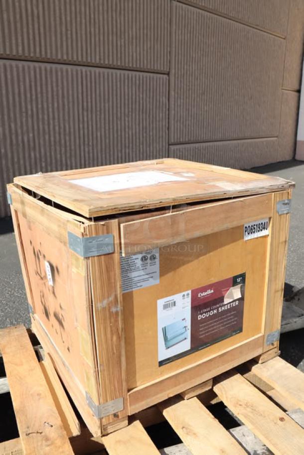 Estella EDS12S 12" Countertop Dough Sheeter, new scratch-n-dent condition; boxed with label visible; Model: EDS12S.