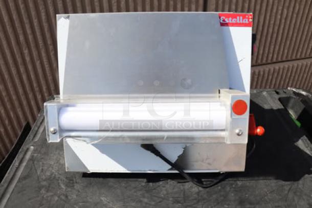 Estella EDS12S 12" countertop dough sheeter, scratch-n-dent condition. Model number visible, compact and efficient design.