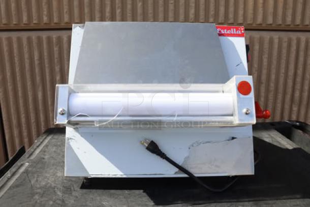 Brand new Estella EDS12S 12" countertop dough sheeter, 120V, 1/2 HP, minor scratches. S/N: DR-2S-901449-002 visible.