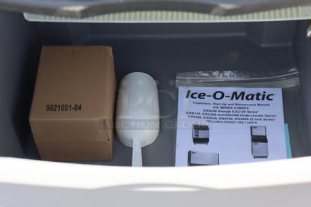BRAND NEW SCRATCH-N-DENT Ice-O-Matic ICEU220HA ice machine with manual, scoop, packaging box; model ICEU220HA, S/N 25101280010737.